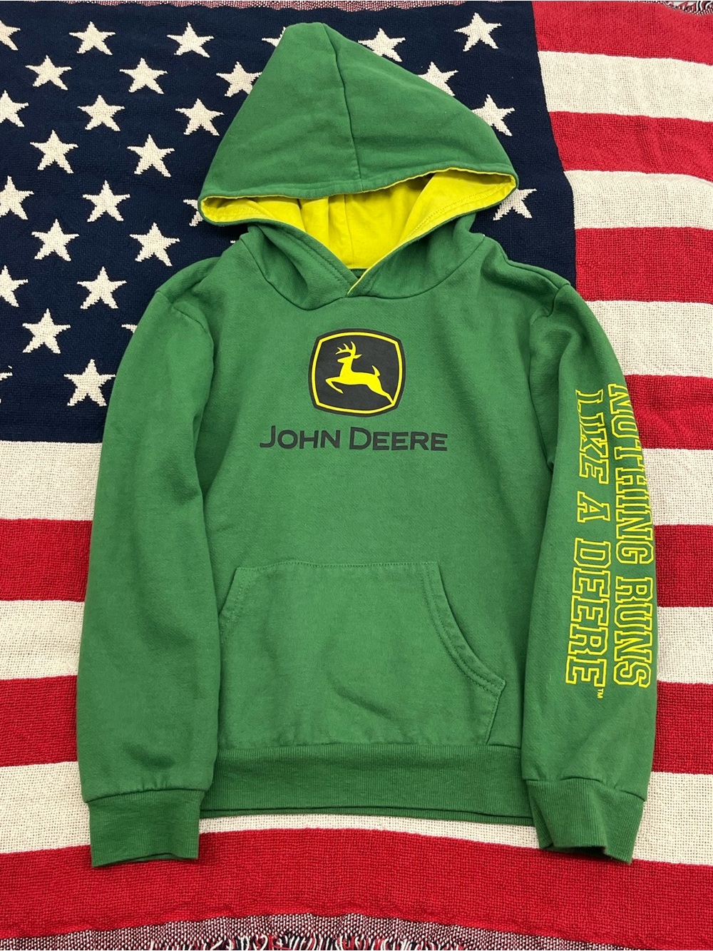 John Deere Green Hoodie with Yellow Accent and Logo Boys Size 10